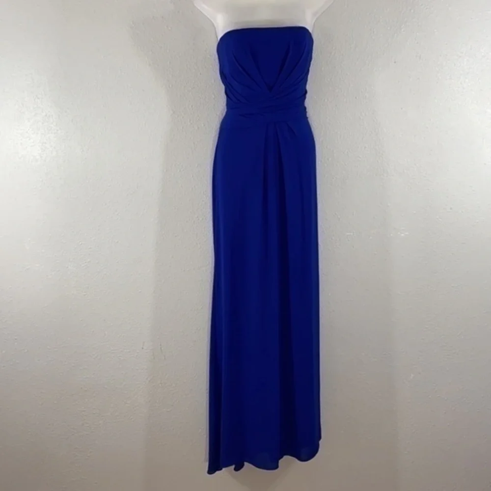 BCBGMaxazria Whitley blue pleated strapless gown 0 AF28